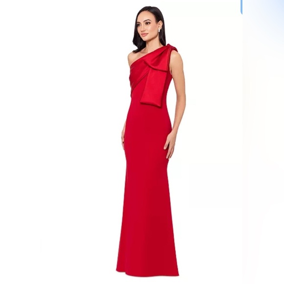 Nwt betsy & Adam Vibrant Red One-Shoulder big bow Gown made in USA size 14 - Picture 3 of 16